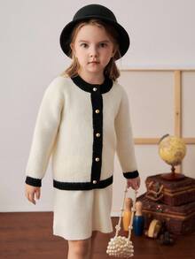 PrepCrw Young Girls' Collegiate Style Color Block Button-Front Knit Cardigan/Knit Mini Skirt Set Fall Winter - Black and White - View 7