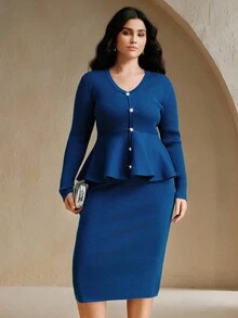 Anewsta Bộ đồ dệt kim viền bèo nhún hai mảnh thanh lịch cỡ lớn dành cho nữ, thích hợp cho mùa thu, mùa đông, đi chơi, thanh lịch, trang trọng, tiệc tùng, sang trọng, năm mới, giáng sinh, công sở, tốt nghiệp, đám cưới - Xanh đậm - Xem 4