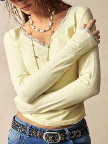 Bohemela Áo thun nữ tay dài cổ chữ V trơn màu, dáng thường ngày cho mùa thu/đông - Màu vàng - Xem 7