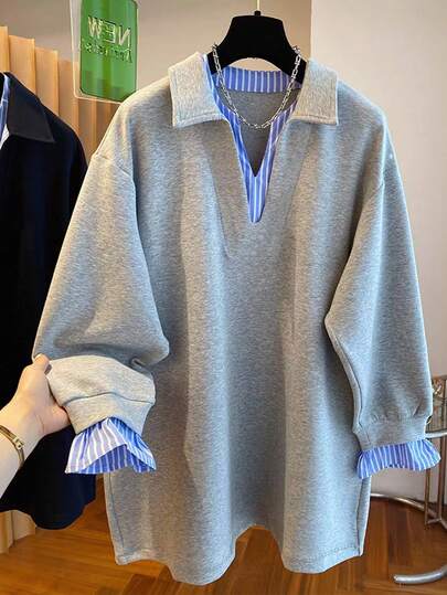 Resyla Sweat-shirt-shirt décontracté à rayures et patchwork pour femmes