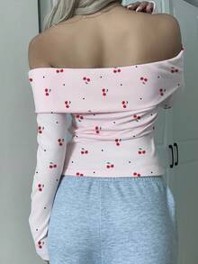 SHEIN EZwear 女式休闲简约樱桃心印花针织露肩紧身T恤 - 彩色 - 查看 2