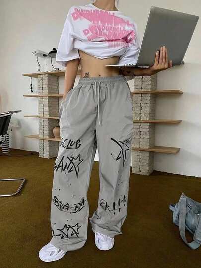 INAWLY 女士抽绳腰部字母五角星印花阔腿宽松休闲宽松长裤