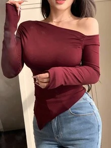 DAZY 女士休闲纯色不对称下摆长袖 T 恤，返校服 - 酒紅色 - 查看 4