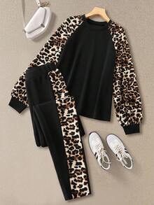 Rusticease 2 件套女士冬季新款街头豹纹拼布圆领长袖运动衫和紧身裤休闲套装女士运动套装 - 黑色 - 查看 5