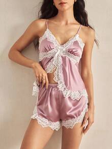 Charlaine Lace Patchwork Satin Women Pajama Set - Purple - View 4