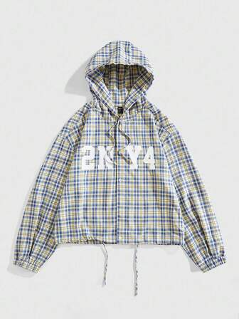 Street Life Abrigo con capucha a cuadros para hombre, estilo suelto y corto, otoño/invierno