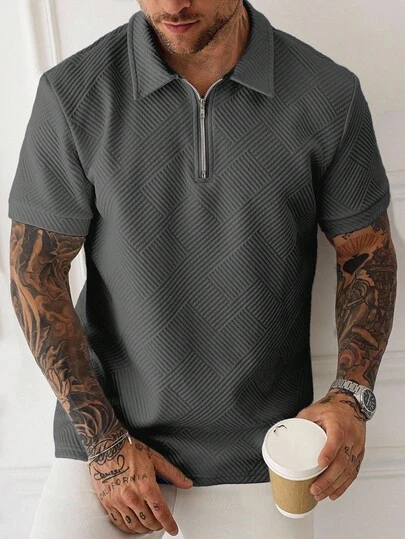 Manfinity Homme Men's Solid Color Half-Zip Casual Short Sleeve Polo Shirt, Summer Men T Collar T Shirt Men Casual Tops Zipper Polo Shirt Grey Top Men