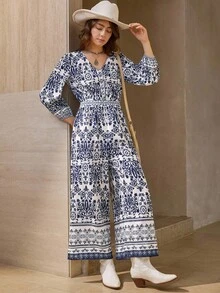 Wildy 女式全印花休闲长袖束腰阔腿连体裤 - 藍白色 - 查看 6