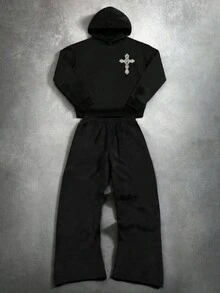 PAVTROS Bộ 2 món áo hoodie và quần ống loe Cross Angel Wings thu/đông dành cho nam - màu đen - Xem 4