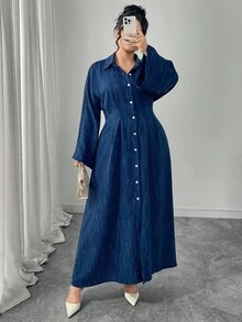 Modelyn Navy Blue Pleated Collar Open Front Batwing Long Sleeve Colorblock Dress, Plus Size - Blue - View 4