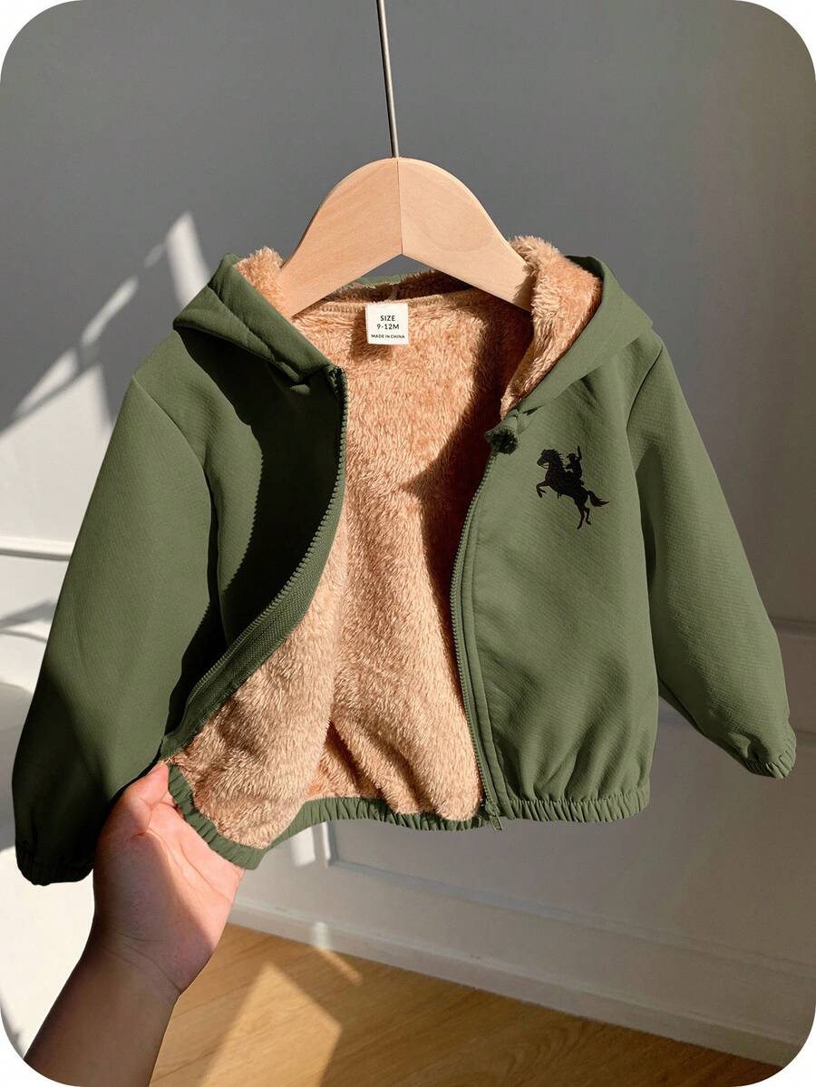 SHEIN 男女通用婴儿休闲可爱百搭卡其色羊毛加厚连帽夹克，男婴/女婴秋冬装 - 軍綠色 - 查看 1