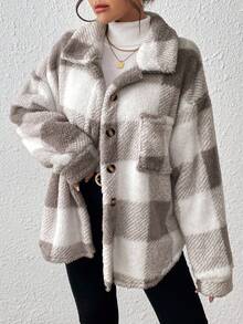 INAWLY Plus Size Women Casual Commuter Collegiate Plaid Pattern Drop Shoulder Loose Patchwork Pocket Teddy Fleece Jacket, Autumn/Winter