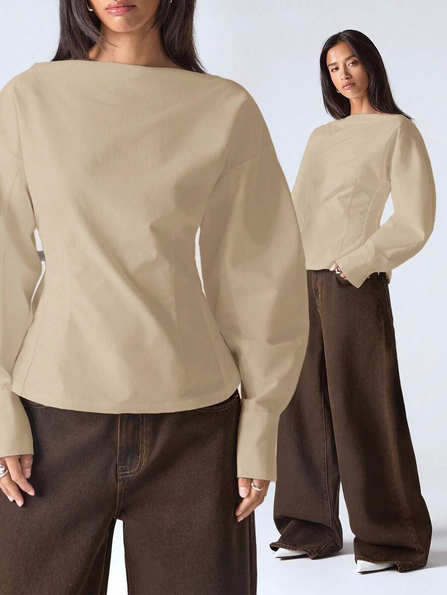 LYSMO T-shirt élégant de couleur unie avec ceinture à la taille, convient pour le trajet domicile-travail