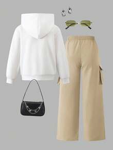 2pcs/Set Tween Girls Letter Print Hoodie Sweatshirt + Green Cargo Pants Casual Street Style Outfit, Autumn/Winter Fall - Khaki - View 2