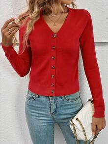 SHEIN Frenchy 女士春夏休闲纯色长袖轻薄开衫、长袖上衣、秋冬针织毛衣 - 紅色 - 查看 3