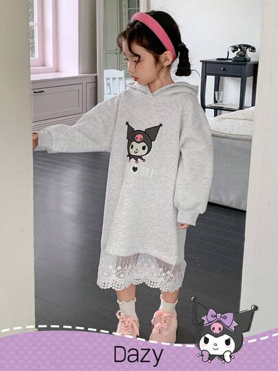 DAZY HELLO KITTY AND FRIENDS | SHEIN 少女针织连帽撞色蕾丝长袖羊毛连衣裙