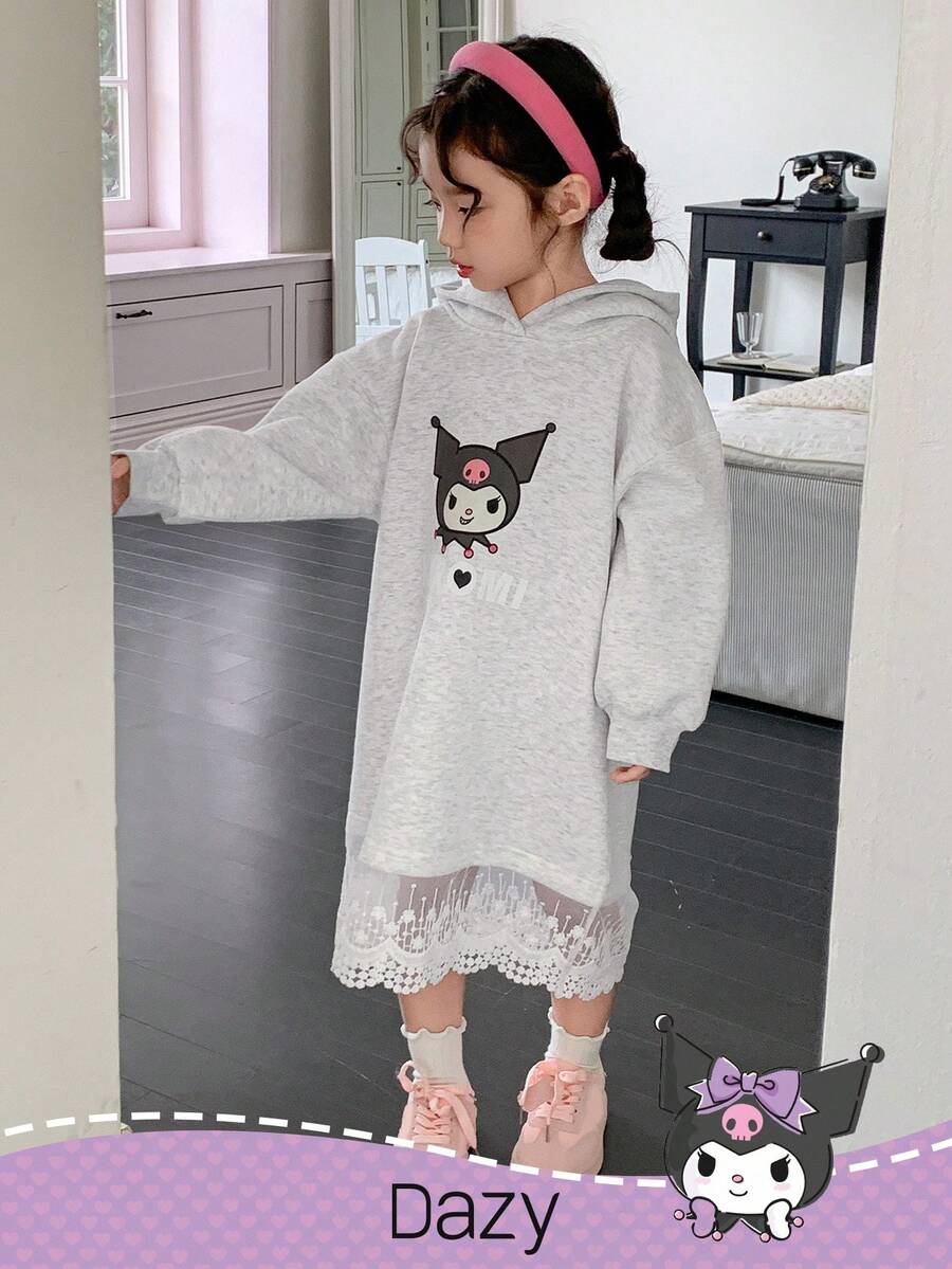 DAZY HELLO KITTY AND FRIENDS | SHEIN 少女针织连帽撞色蕾丝长袖羊毛连衣裙 - 淺灰色 - 查看 1