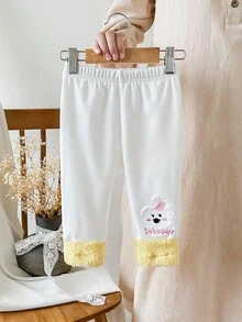 SHEIN 1 件装女婴舒适休闲可爱刺绣撞色毛绒下摆紧身裤，适合秋冬日常穿着 - 彩色 - 查看 1