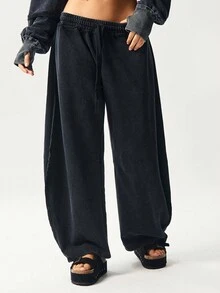 Bohemela 女士休闲纯色针织宽松阔腿运动裤 - 黑色 - 查看 1