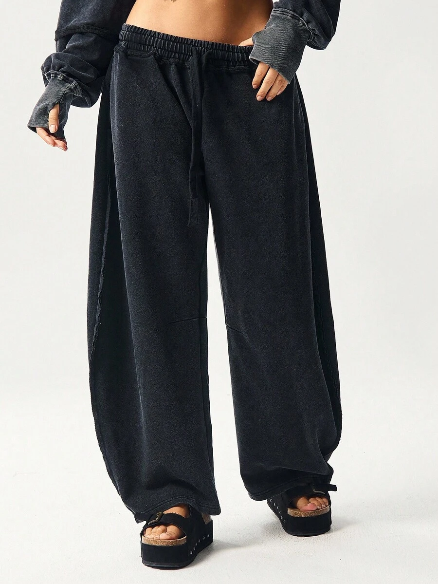 Bohemela 女士休闲纯色针织宽松阔腿运动裤 - 黑色 - 查看 1