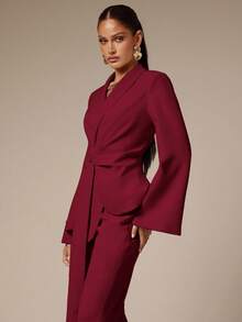 Silquee 秋冬时尚优雅通勤纯色系带西装外套 - 酒紅色 - 查看 3