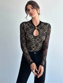 Firerie Women's V-Neck Black Lace Long Sleeve Bodysuit,Beige,Summer,Elegant,Night Out Party Cocktail Office Wear,Vacation Boho Music Festival Wedding - Black - View 7