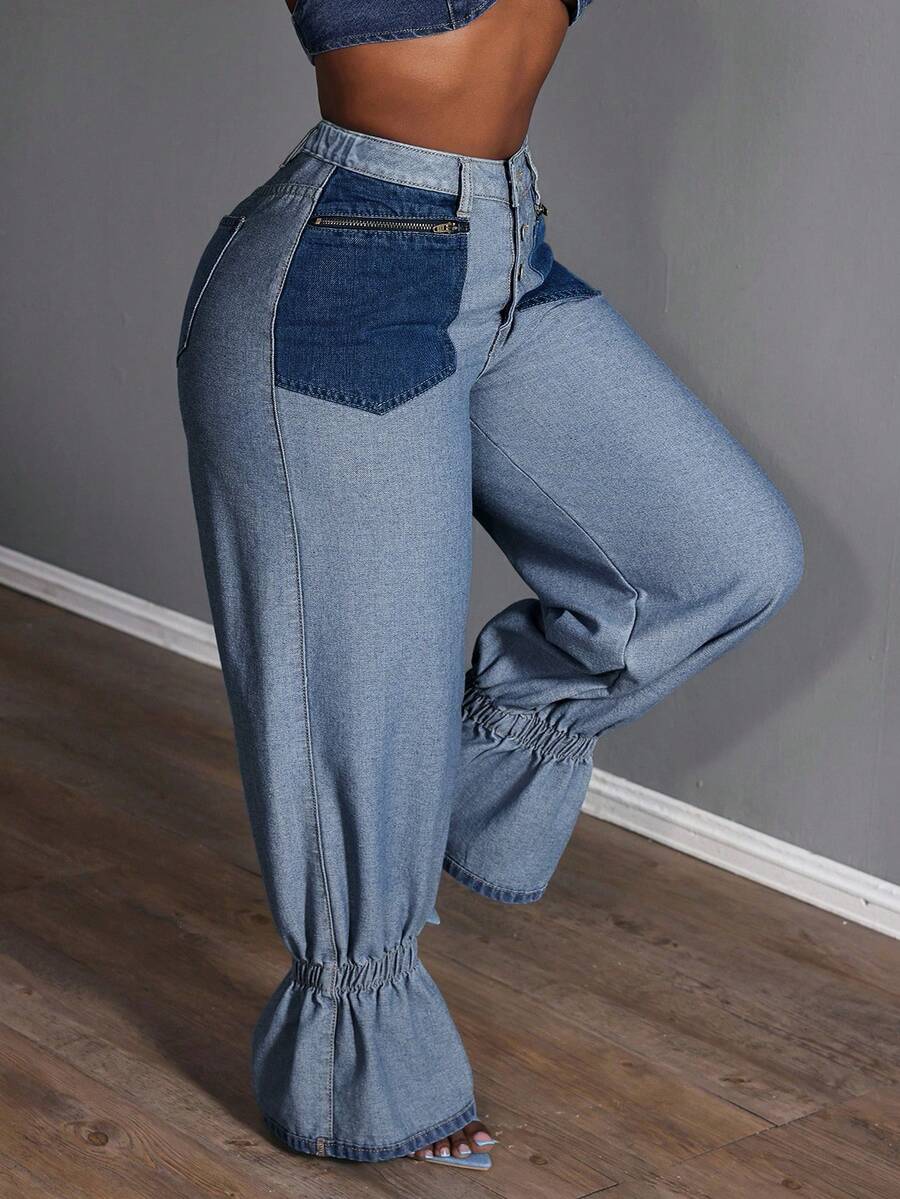 Slaydiva Plus Size Women High Waist Zipper Pocket Ruffle Hem Loose Fashion Jeans - Blue - View 1
