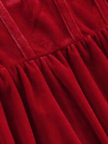 Pitira Tween Girls Elegant Velvet Off Shoulder Beaded Bustier Waist Cinched Ruffle Dress, Red Christmas Party Dress, Suitable For Spring Festival, Sunray Ruched - Red - View 6