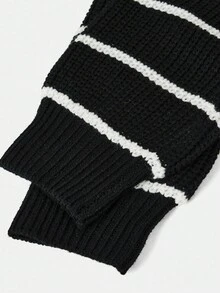 SHEIN TEENGIRL 黑白条纹基本款休闲圆领宽松灯笼袖毛衣，返校季学院风家居服套头衫，秋冬款 - 黑與白 - 查看 4