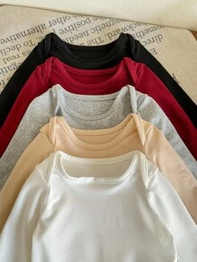 SHEIN LMoss Kids 5件套新生女宝宝可爱白色长袖连体衣套装，秋冬季宝宝中性色服装，长袖连体衣，男女宝宝通用，秋季宝宝连体衣 - 杏色 - 查看 4