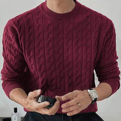 남성 캐주얼 솔리드 컬러 케이블 니트 크루넥 스웨터, 가을/겨울