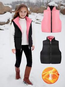 Chaleco reversible sin mangas acolchado para niña preadolescente, negro y rosa, cuello casual, adecuado para la escuela y el transporte, otoño/invierno