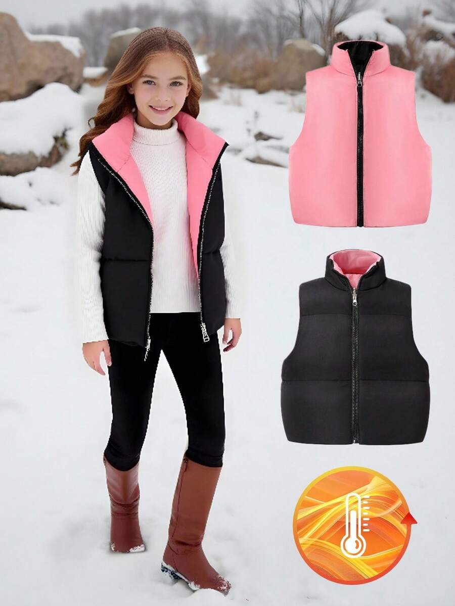 Chaleco reversible sin mangas acolchado para niña preadolescente, negro y rosa, cuello casual, adecuado para la escuela y el transporte, otoño/invierno