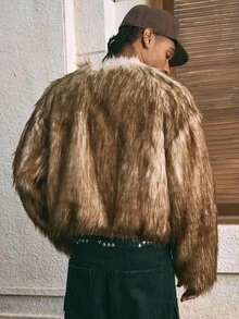 AXEPEAK 男士休闲拉链圆领仿皮草夹克，秋冬 - 咖啡棕 - 查看 2