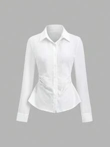 Sweetra 女式翻领提花格子荷叶边长袖衬衫，休闲外套 - 白色 - 查看 1