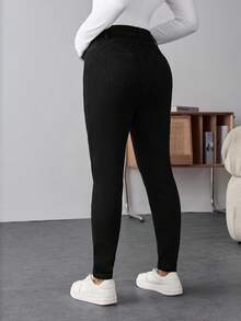 SHEIN Pantalones vaqueros de maternidad de unicolor, de bolsillo, de moda casual, cómodos, de cintura alta de color negro con forro térmico, de ajuste ceñido, para otoño, invierno, Halloween, Navidad, Año Nuevo, Acción de Gracias, con estiramiento, para fiestas, trabajo, vacaciones, estilo Y2K, lindos, para calle, tecnológicos, cumpleaños, gimnasio, aeropuerto - Azul - Ver 2