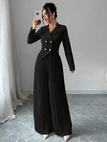 Elenzga Pleated Double-Breasted Long Sleeve Elegant Romantic Office Lady Suit Set Fall Cloth For Women - Black - View 5