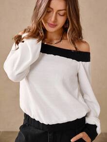 Wildy Fall Country Chic Tops Winter Clothes  Bohemia Women's Fashion Versatile Contrast Color Splicing Off Shoulder Sweatshirt Off The Shoulder Top Off The Shoulder Sweater Off The Shoulder Blouse Off Shoulder Long Sleeve Off The Shoulder Long Sleeve Off Shoulder Blouse Casual Outfits Spring PreFall Sweater Chic Autumn Off The Shoulder Tops Elegant Women's Tops Chic Autumn Office Business Casual Woman Going Out Tops For Women Halloween