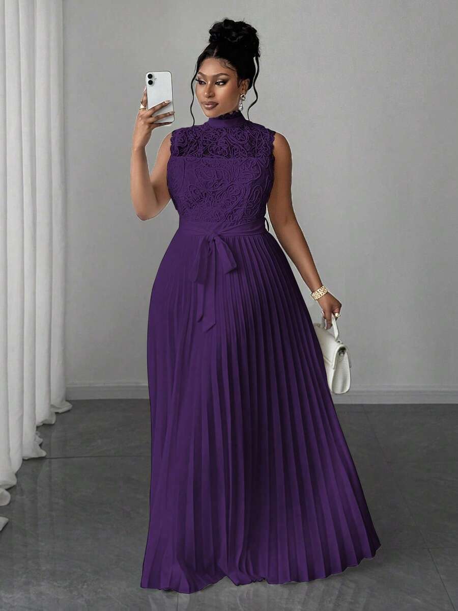 Maweii 大码优雅蕾丝拼布褶皱腰连衣裙 - 紫色 - 查看 1