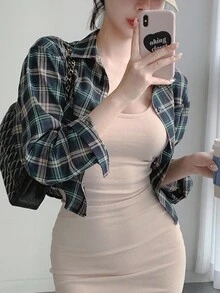 DAZY 女士春夏格子印花长袖休闲衬衫，短款，长袖上衣，法兰绒女装 - 黑色 - 查看 4