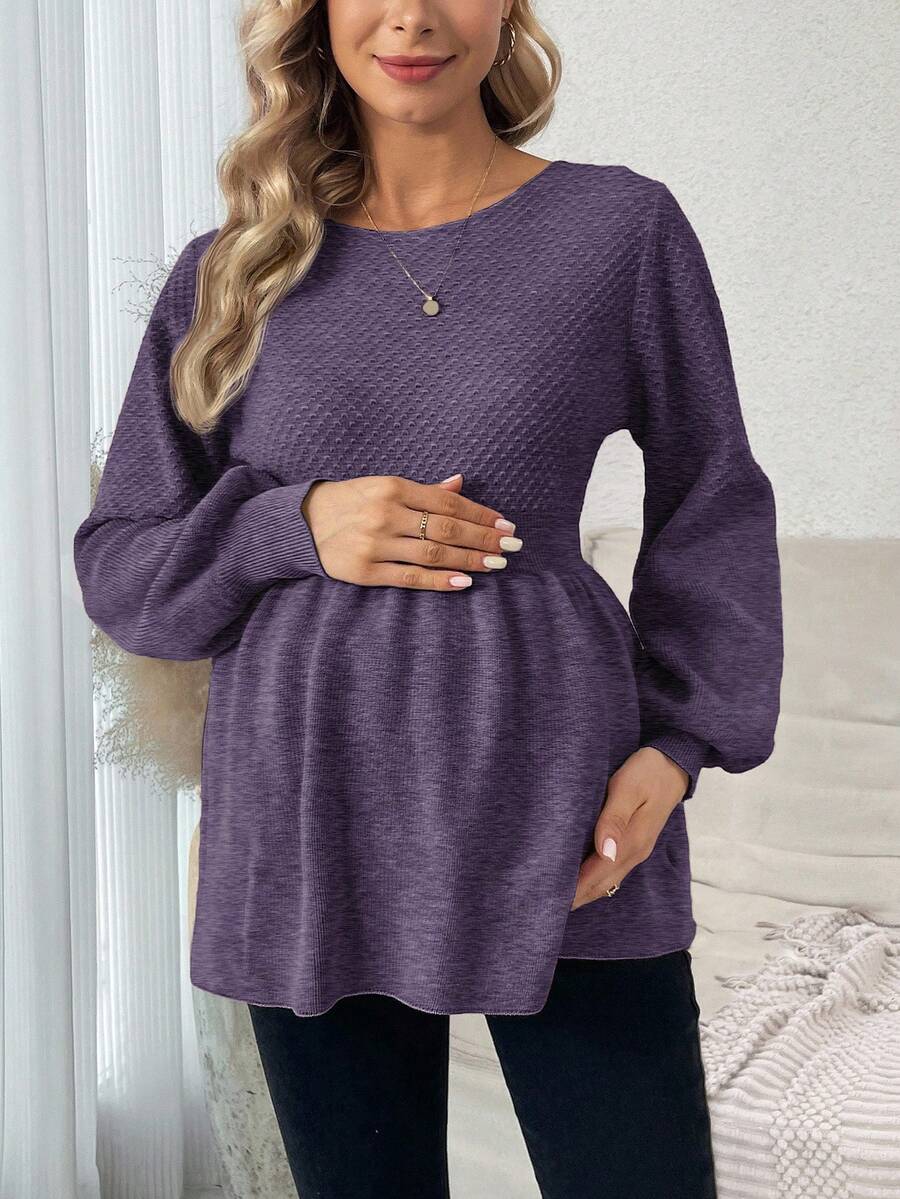 SHEIN Maternity Casual Solid Color Lantern Sleeve Sweater, Autumn/Winter - Purple - View 1