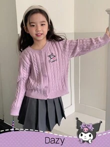 HELLO KITTY AND FRIENDS | SHEIN DAZY 年轻女孩休闲日常通勤和学校风格可爱卡通字母刺绣麻花针织纽扣开衫