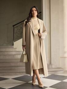 ZEYLAH Women's Autumn/Winter Classic Lapel NeckLong Sleeve Long Cashmere Coat - Beige - View 7