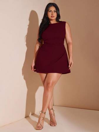 SHEIN BAE Plus Size Women's Red Ruched Mini Dress, Elegant Beach Vacation Dress