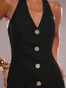 SHEIN BAE Women's Sexy Solid Color Front Button Backless Halter Mini Dress, Summer - Black - View 7