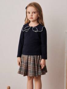 PrepCrw Young Girls' Preppy Style Bow Collar Long Sleeve T-Shirt Fall Winter - Blue - View 3