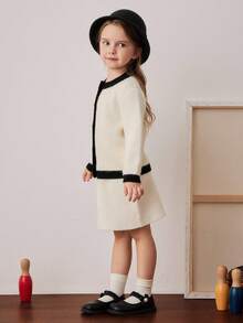 PrepCrw Young Girls' Collegiate Style Color Block Button-Front Knit Cardigan/Knit Mini Skirt Set Fall Winter - Black and White - View 3