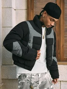 AXEPEAK Áo khoác nam dài tay, phối màu tương phản, cổ đứng, khóa kéo, giữ ấm, có lớp lót, thích hợp cho mùa đông. - màu đen - Xem 3