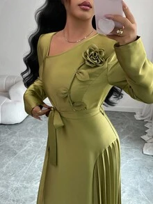 Selianne 女士优雅橄榄绿色连衣裙，斜领，褶皱紧身胸衣，系带腰部和 A 字裙，长袖，适合万圣节、圣诞节、感恩节、新年派对 - 綠色 - 查看 7