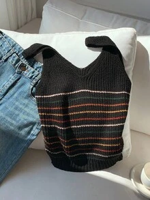 Comfortcana 女式休闲黑色条纹针织上衣，秋季 - 黑色 - 查看 5